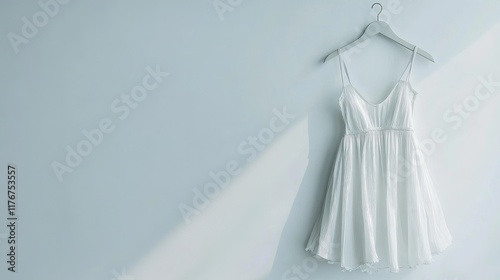Flowing white summer dress displayed on a hanger, set against a bright white background, minimalist aesthetic.