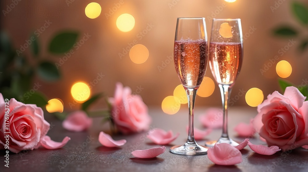 Valentine day celebration with champagne, bokeh background Valentine day celebration with champagne, bokeh background