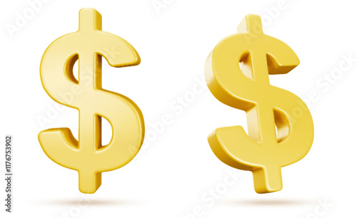 Golden 3d dollar signs from different angles with realistic shadow effects. Metallic currency symbols floating on white background. Glossy financial icons for banking or economic presentations.