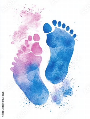 Welcome baby boy with cheerful watercolor footprints in blue and pink hues celebrating new life and joy. Generative AI