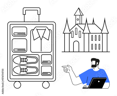 Open suitcase with neatly arranged clothing and shoes, a historic castle, and a man pointing while using a laptop. Ideal for travel preparation, business trips, tourism, organization, history