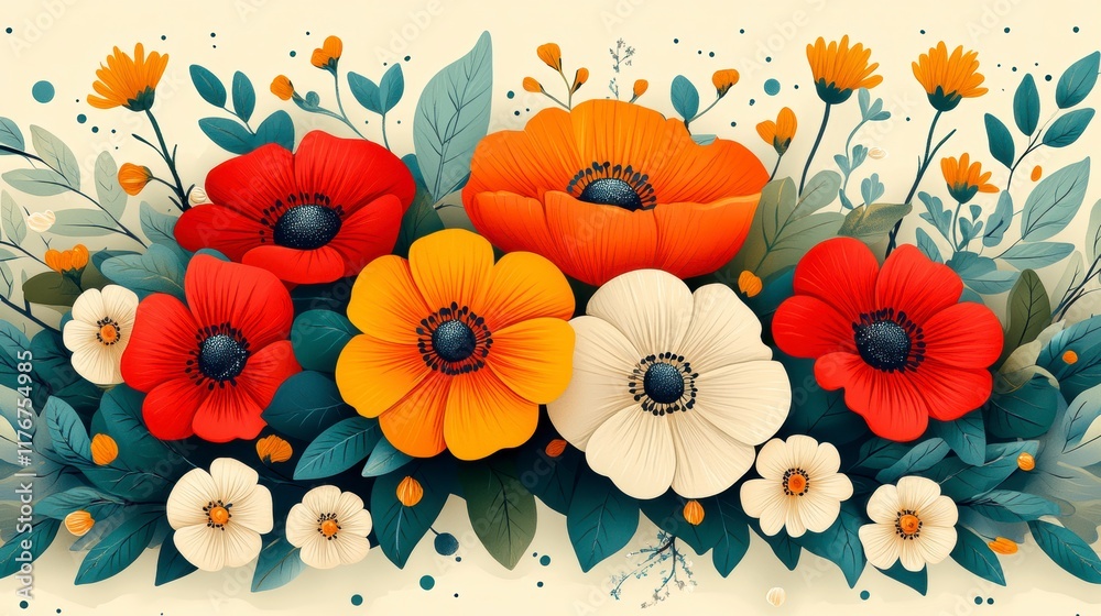Vibrant floral arrangement with red, orange, and white anemone flowers and green leaves. Vibrant floral arrangement with red, orange, and white anemone flowers and green leaves.