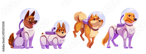 Astronaut dogs set isolated on white background. Vector cartoon illustration of cute animals wearing glass helmets and spacesuits for space exploration, labrador, corgi, akita-inu, shepherd breed pets