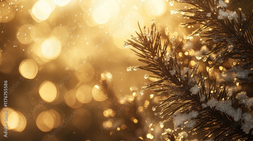 Fototapeta premium Macro shot of snow-covered pine needles, delicate ice crystals shimmering in sunlight against a blurred background.