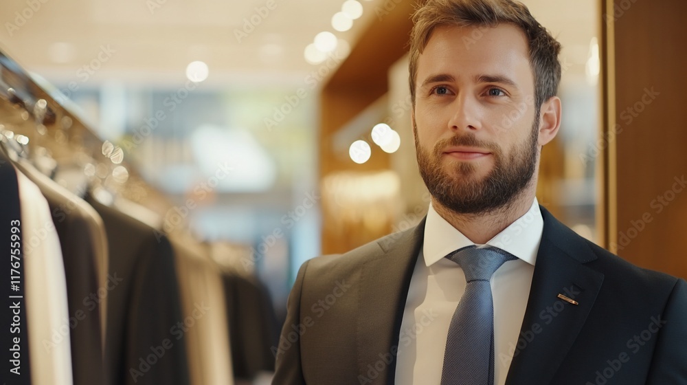 Naklejka premium Man choosing suit, retail store, blurred background, shopping