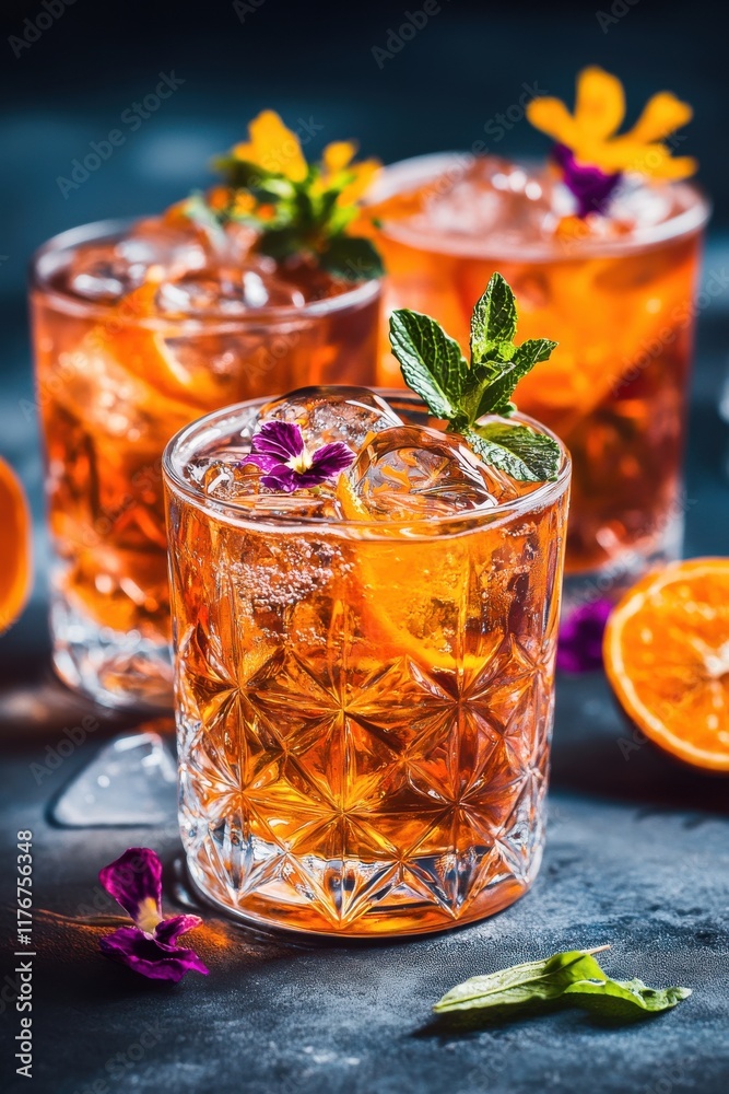 Refreshing cocktails with orange slices and edible flowers, perfect for summer gatherings.