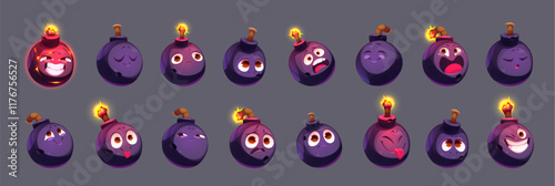 Bomb characters set isolated on black background. Vector cartoon illustration of funny explosive mascots with burning wick, evil, angry, scared, happy smile, winking emotions on face, boom emoji