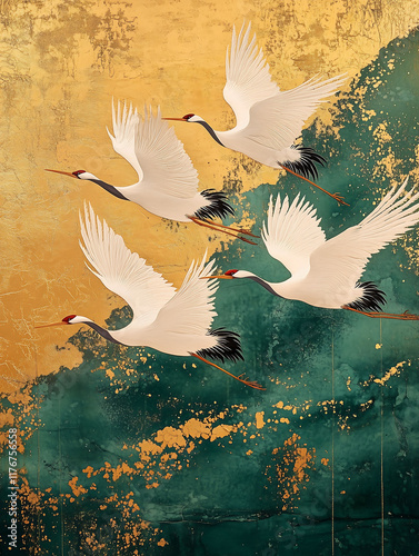 Hand -painted red -crowned crane art, acrylic oil paintings, Japanese style carefully painted flying cranes, golden backgrounds, waves and sky, abstract colorful gongbi painting,正月,新年,年賀状,鹤