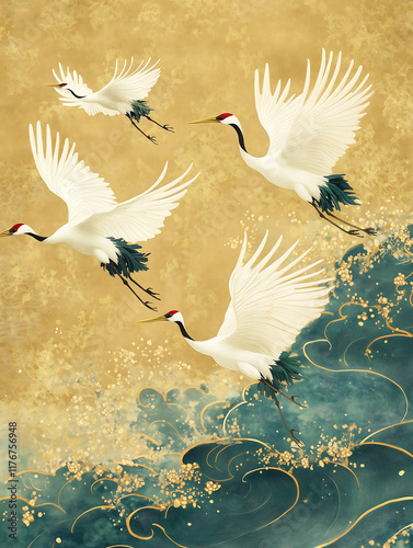 Hand -painted red -crowned crane art, acrylic oil paintings, Japanese style carefully painted flying cranes, golden backgrounds, waves and sky, abstract colorful gongbi painting,正月,新年,年賀状,鹤
