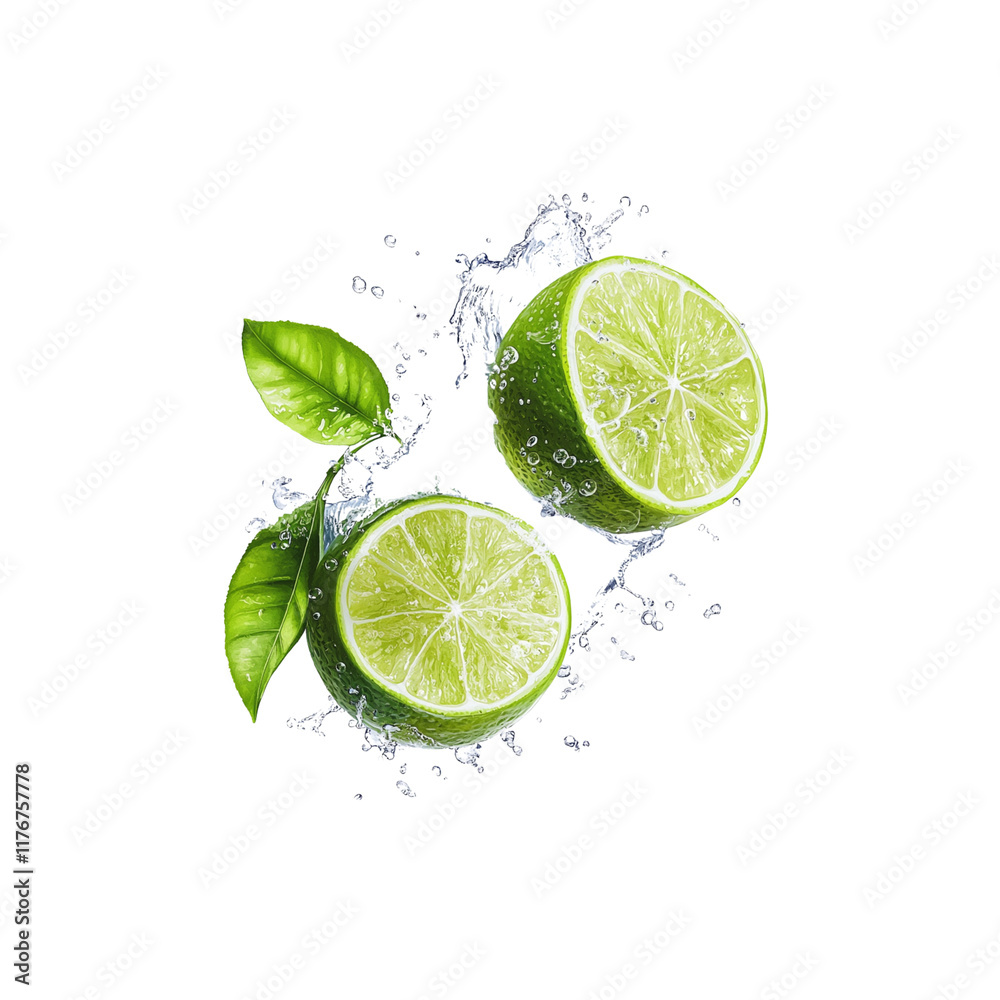 Two fresh lemon slices with juice and leaves splashing Isolated on a white background Two fresh lemon slices with juice and leaves splashing Isolated on a white background
