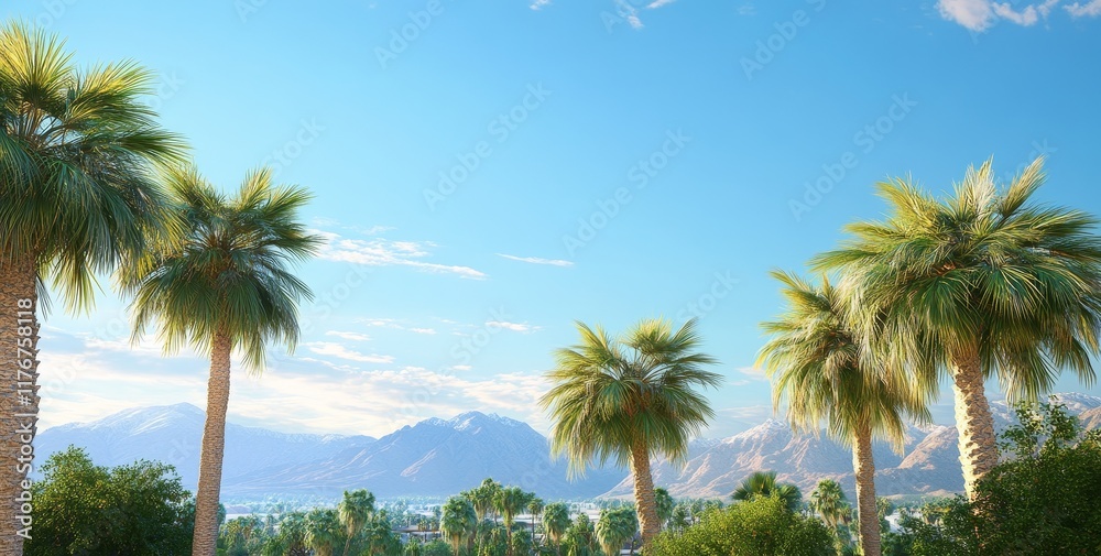 Fototapeta premium Palm trees and mountains under a sunny sky.