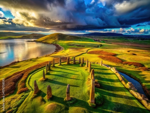 Orkney's Ring of Brodgar: a breathtaking aerial panorama, showcasing Scotland's stunning landscape. photo