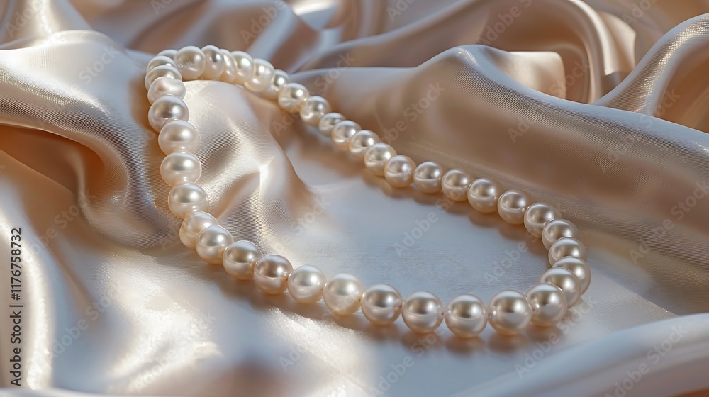 A high quality view of a luxurious pearl necklace draped gracefully over a satin pillow A high quality view of a luxurious pearl necklace draped gracefully over a satin pillow