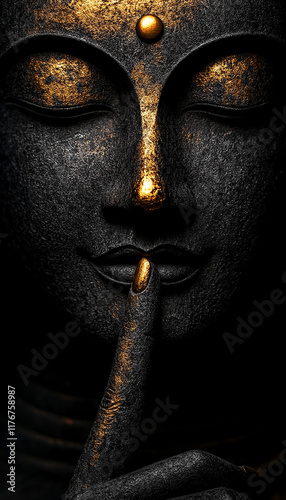 Buddha with finger on lips on dark background with golden glow.