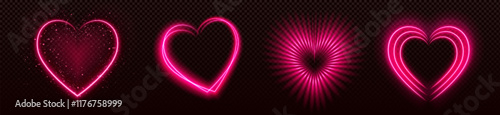 Neon pink heart shapes collection with various glowing effects - sparkling star dust, luminous outline, radiant burst and gleaming lines on transparent background. Romantic Valentine day decorations.
