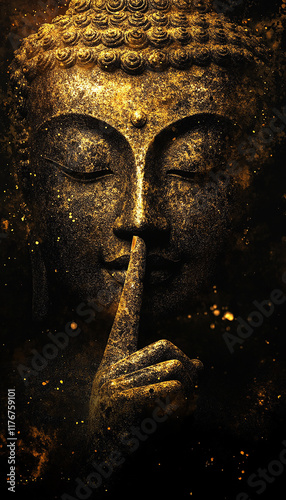 Buddha with finger on lips on dark background with golden glow.