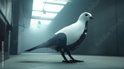 Robotic pigeon on the ground, its mechanical legs and sleek design illuminated by soft overhead lighting, set in a minimalist environment. photo