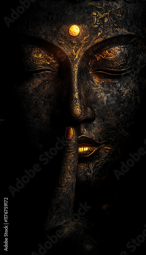Buddha with finger on lips on dark background with golden glow.