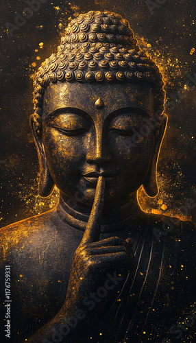 Buddha with finger on lips on dark background with golden glow.