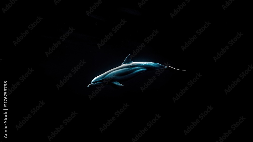 A single dolphin swims in the dark ocean water. A single dolphin swims in the dark ocean water.