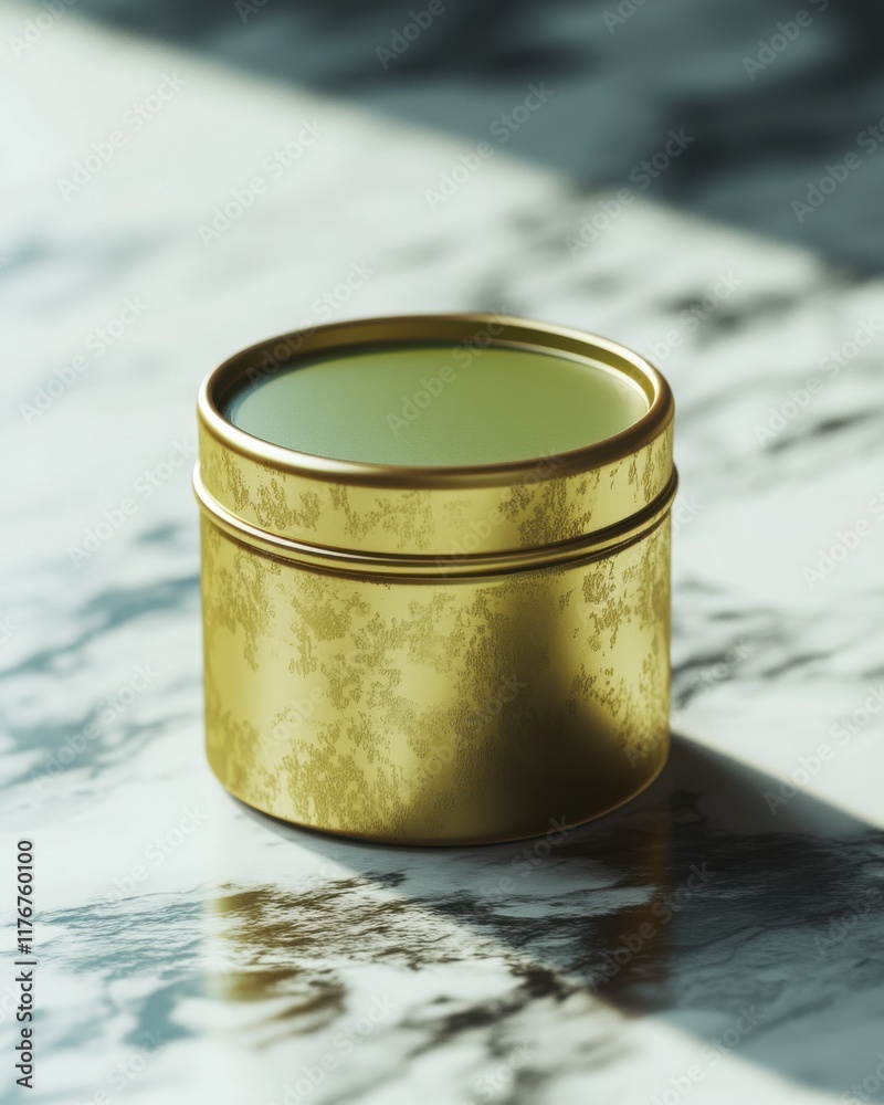Elegant gold tin container with intricate floral design, resting on a marble surface, creating a luxurious ambiance. Elegant gold tin container with intricate floral design, resting on a marble surface, creating a luxurious ambiance.