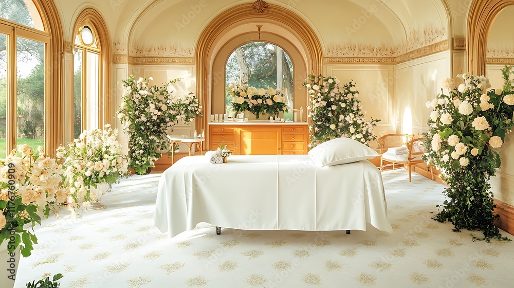Fototapeta premium Deep Relaxation Therapy, Luxurious Therapy Bed Surrounded by Flowers