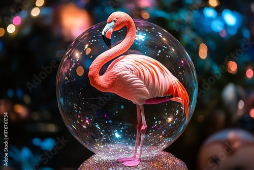 A charming flamingo is beautifully encased in a sparkling snow globe, creating a magical and nostalgic scene that exudes warmth, joy, and a sense of wonder during festive moments. photo