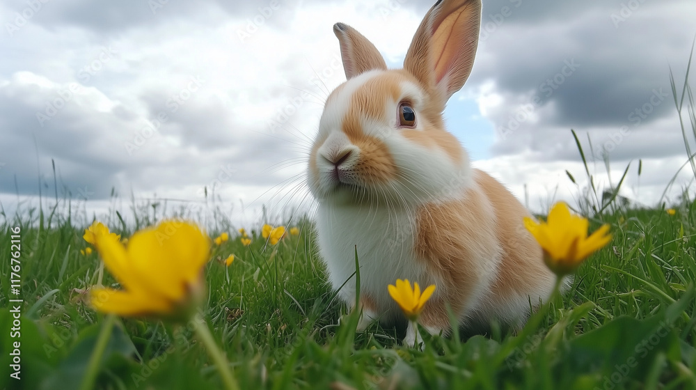 Fototapeta premium Adorable brown and white rabbit in field of yellow flowers on a cloudy day