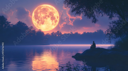 Dreamy Moonlit Scene: Tranquility by the Water on a Serene Night photo