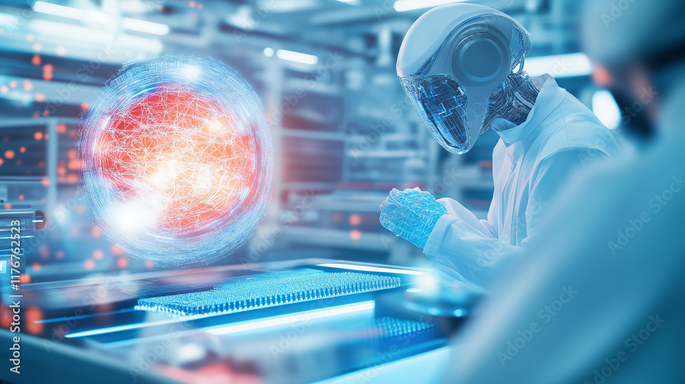 A high-tech laboratory where advanced AI systems are being developed. Robotic arms are assembling microchips, and holographic displays project complex neural networks. Researchers A high-tech laboratory where advanced AI systems are being developed. Robotic arms are assembling microchips, and holographic displays project complex neural networks. Researchers