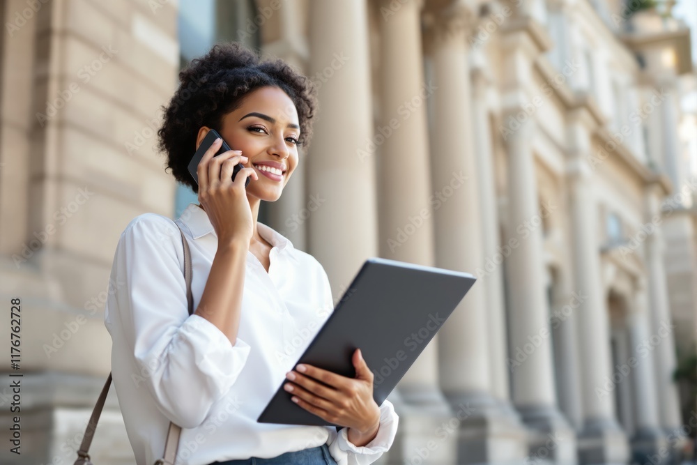 Fototapeta premium Smiling woman holding tablet, talking on phone outdoors near pillars of a classical building, wearing white shirt. Concept of confidence, business. Ai generative