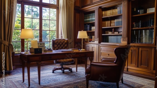 A well-furnished office with a wooden desk  chair  and bookshelves  creating a professional atmosphere.