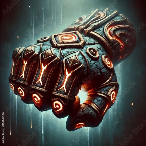 Golem s Fist Heavy stone like weapon with glowing runes symboliz photo