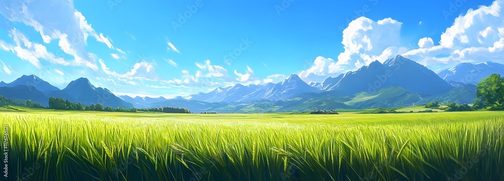 A landscape with a field of green wheat under a bright blue sky, with mountains in the distance A landscape with a field of green wheat under a bright blue sky, with mountains in the distance