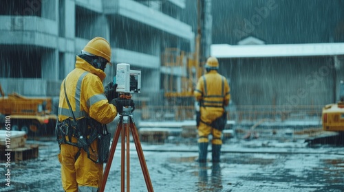 Rainy day construction; surveyor using equipment.