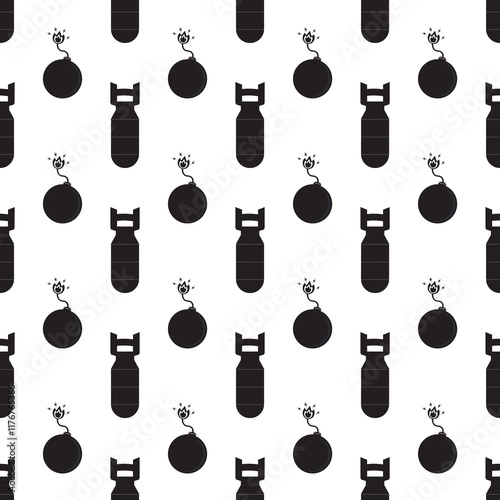 Seamless pattern with air nuclear rocket and cannon bombs. Aerial bombshell black silhouette on white background. Monochrome texture with rocket air bomb, weapons, bombshell.