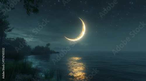 Crescent Moon Over Cityscape: A Serene and Tranquil Nighttime Scene photo