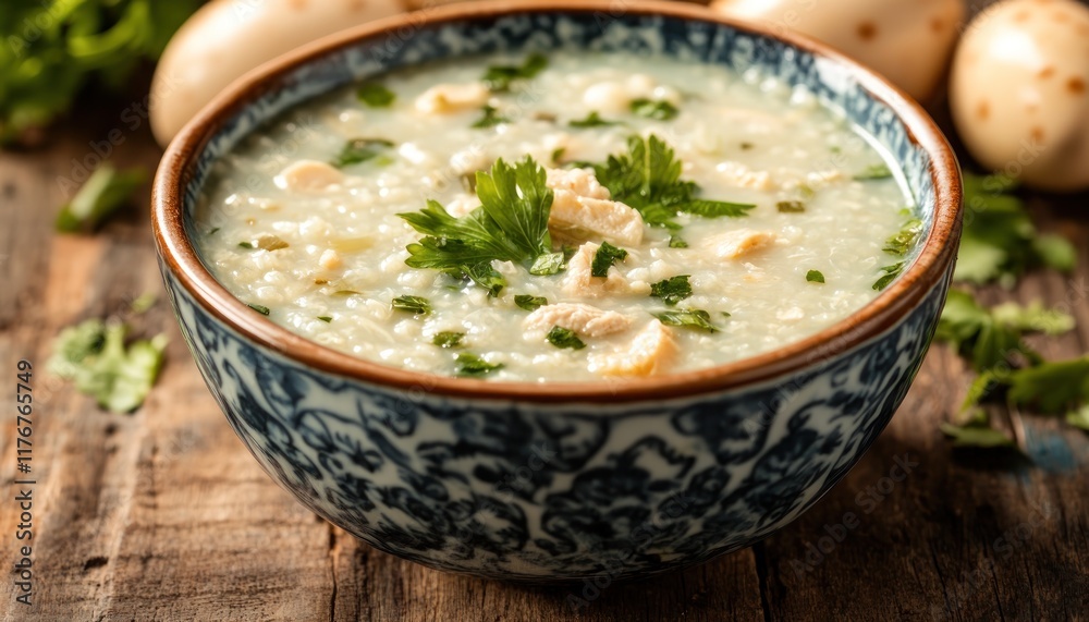 Chicken congee bowl, herbs, eggs, rustic wood Chicken congee bowl, herbs, eggs, rustic wood