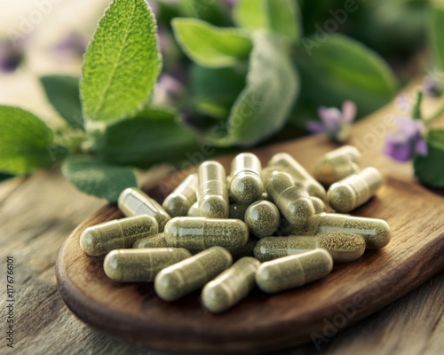 Capsules with botanical ingredients, herbal extracts, and natural health supplements photo