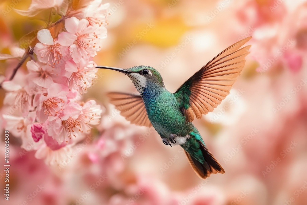 A beautifully vibrant hummingbird flits between soft pink blossoms, capturing the essence of spring with its brilliant colors and delicate movements thriving in nature's embrace. A beautifully vibrant hummingbird flits between soft pink blossoms, capturing the essence of spring with its brilliant colors and delicate movements thriving in nature's embrace.