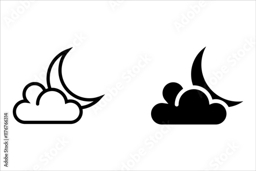 Simple weather icon with half moon or waning crescent moon in a cloudy sky. Night time symbol in line art style. Linear flat vector illustration