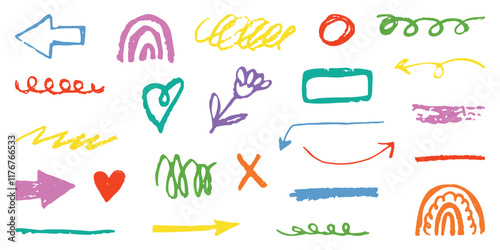 	Hand drawn crayon kid illustrations. Grunge Pastel arrow, figures, spiral, collage. Cute pencil underline set. Child geometric abstract elements. Funky chalk scribble in doodle style. Isolated Vector