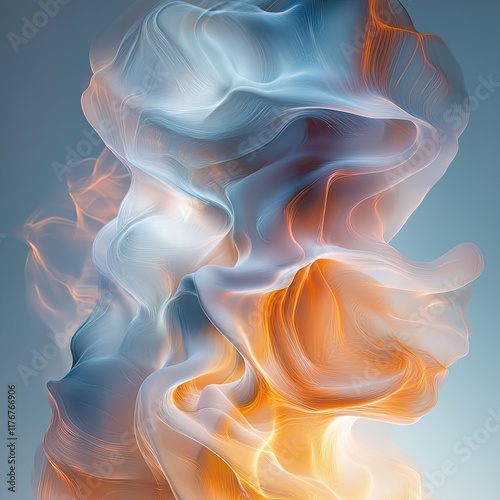 A flowing abstract figure made of translucent, shifting layers that transition between glowing blues, whites, and fiery oranges. The shape suggests transformation and energy