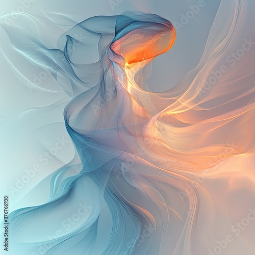 A flowing abstract figure made of translucent, shifting layers that transition between glowing blues, whites, and fiery oranges. The shape suggests transformation and energy