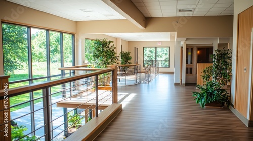 Healthy aging environment with safety features modern facility interior space bright and inviting wellness concept photo