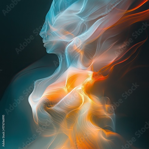 A flowing abstract figure made of translucent, shifting layers that transition between glowing blues, whites, and fiery oranges. The shape suggests transformation and energy