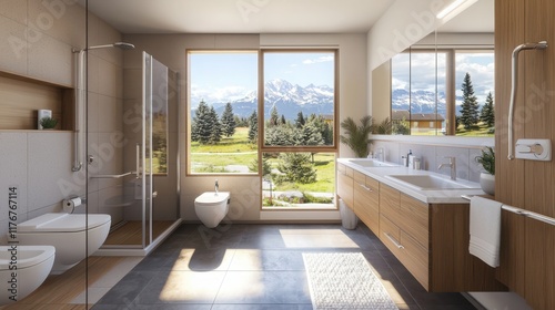 Modern bathroom design mountain view interior photography bright environment relaxing concept for healthy aging with safety features