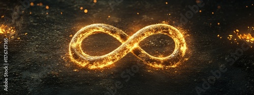 A premium depiction of an infinity symbol made from flowing molten gold, encircled by faint, glowing orbs of light. The background is dark and textured