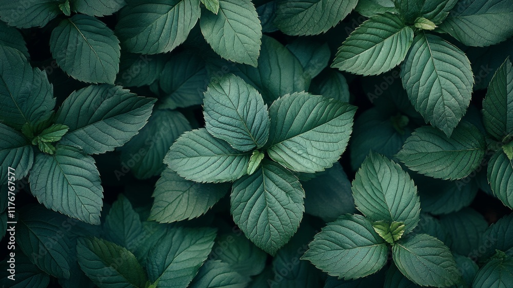 Fresh mint leaves arranged in a lush green composition Fresh mint leaves arranged in a lush green composition