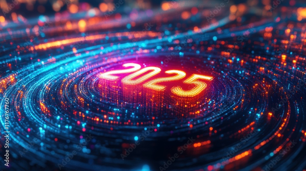 Fototapeta premium 2025 New Year Digital Abstract Background Glowing Light Trails Future Technology